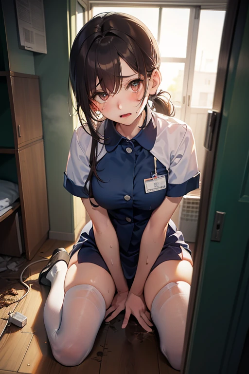 (Highest quality, Very detailed, High resolution, 8k images), ((nurse)),(((Squat with your crotch wide spread))), Fine and beautiful eyes,Perfect Proportions,(Overflowing big), Very beautiful and cute girl,22 years old,(anime),Kamimei,alone,Perfect Skin,(full body),(hospital)