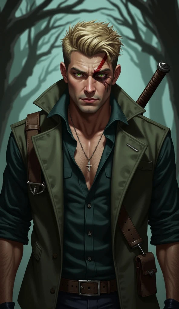Chasseur de vampire, homme d'une trentaine d'années. He has short blond hair, He is unshaven, il a des yeux vert, he has a visible scar that goes through his right eye. A sword stored in its  is attached to his belt.