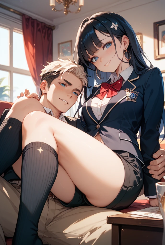 1 boy), (1babes), (((a couple))),View other people, sitting on, Girls in miniskirts,Muscular man in shirt、 hugs,ultra hyper-detailed、Sitting position、perfect face, in 8K, vt, Full Hard Disk, hard disk、Proper lighting,