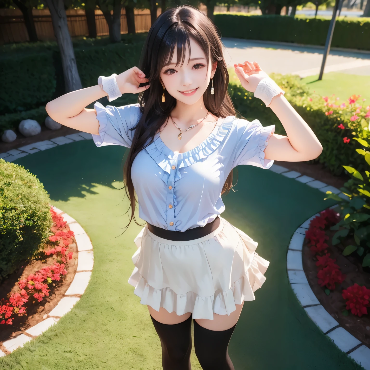 (masterpiece,best quality: 1.4),(8k,raw photo,photo realistic:1.2),shiny skin, detailed skin,detailed face,detailed eyes,Japanese idol,beautiful face,Park with flower beds,Blue Sky,Beautiful lawn,Beautiful girl,beautiful Japanese woman,Beautiful Like a Goddess,has a well-groomed face,(long hair,wave hair:1.4),(hair ornament,necklace,earrings, (happy smile:1.4), (frill shirt:1.2), (tiered skirt:1.2),(black knee-high socks:1.2),(standing in a cute pose),