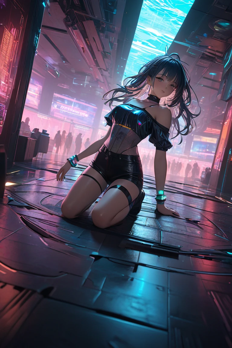 Masterpiece,Best quality, A still from a dark fantasy movie from the 90s,(pastel colour, dim colors, soothing tones:1.5),blend, Medium shot, Bokeh, (hdr:1.4), Masterpiece,conceito, 4K, HD, Cute girl in lingerie, Oriental dancer dress, Bare belly, black colored leggings, (Cinematic, Red and black :0.85), dramatic pose, skinny pants, Sitting, Cyberpunk,