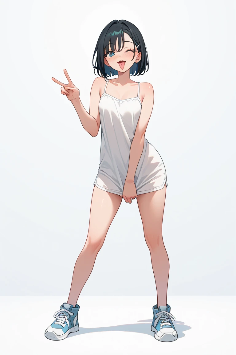 (masterpiece, best quality:1.2), Shader, front shot, 1girl, kawaii, (super big breasts, micro waist, very long legs:1.4), Black hair, short bob hair, short height, scrawny and thin body, Light Skin, cute big eyes, cute beautiful thin face, shorts, pigeon-toed, wet and sweaty, big visible ribs, Cowgirl position, V sign, Trembling