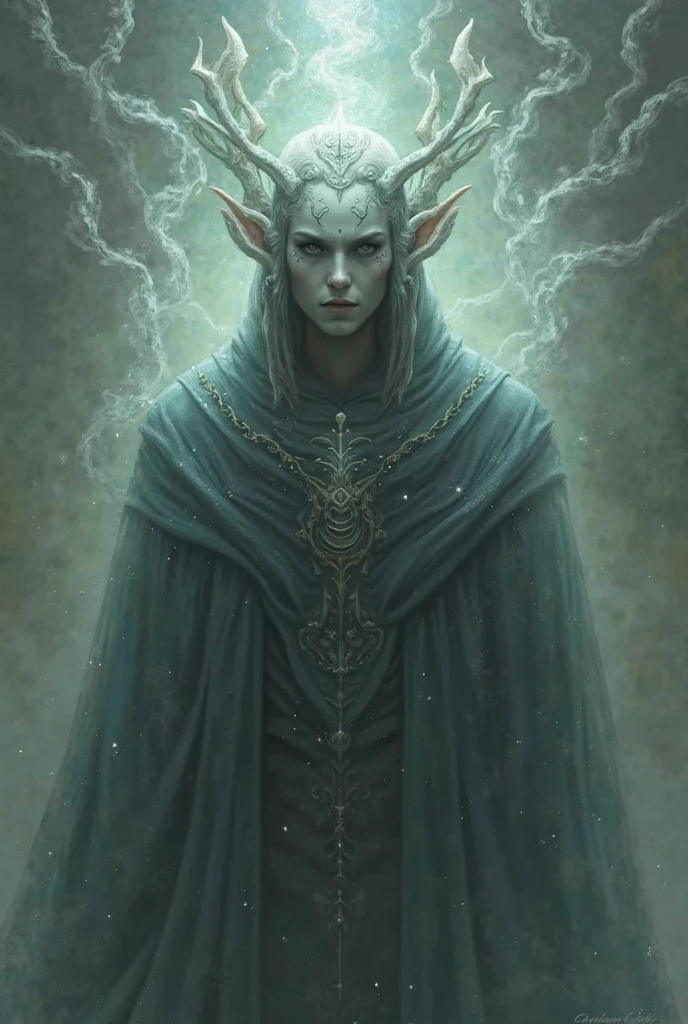 a close up of a person with a cape on and a snake, silvery skinned male elf, skinny male fantasy alchemist, fit male demon with white horns, djinn man male demon, a male elf, elven male, inspired in kris from deltarrune, male drow, beautiful male elf, male djinn man demon hybrid, beautiful male drow