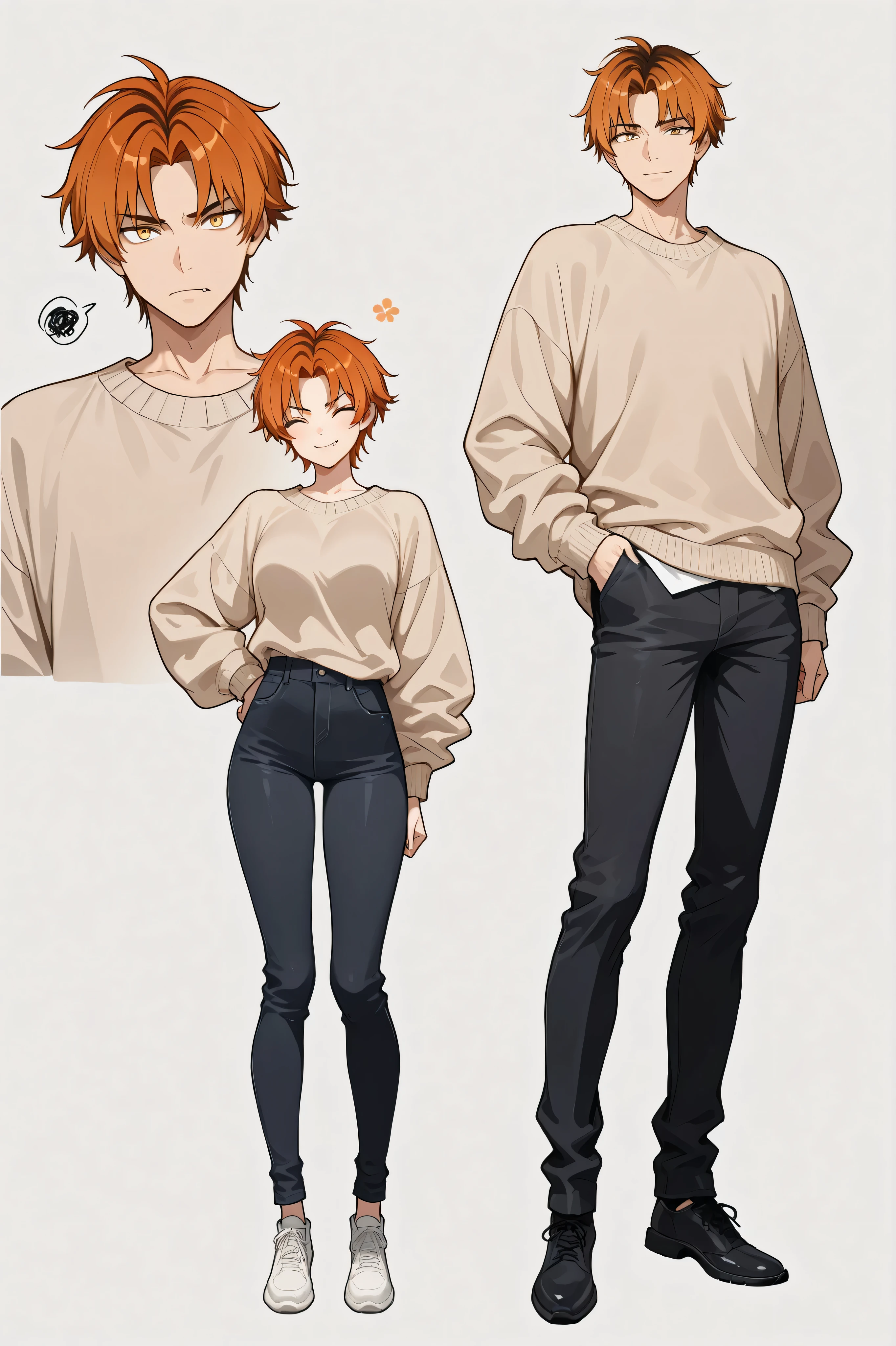 man, ^_^, standing, looking at viewer, center parting, parted bangs, short part hair, dark orange color hair, dark yellow eyes, fang, tall, beige sweater, black jeans, adult, solid white background, full body shot