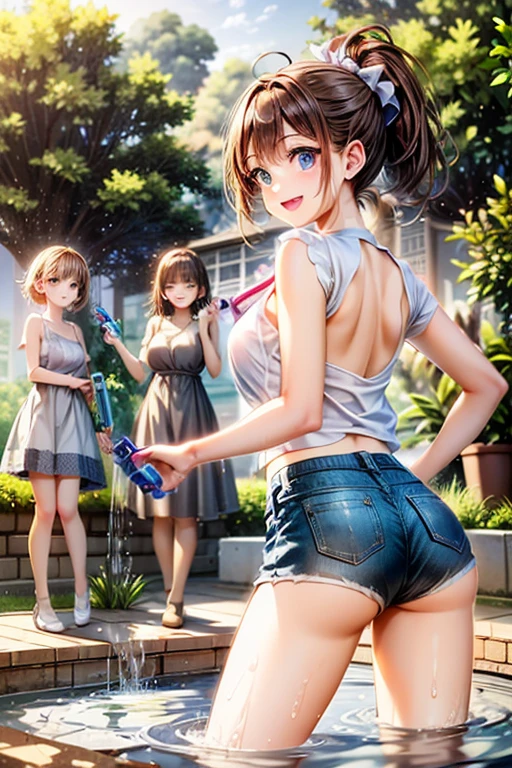 nsfw, (masterpiece, top quality, best quality, highly detailed:1.6), extremely detailed CG unity 8k wallpaper, strong facial expression, (sharp eye:1.2), (scowl:1.1), (embarrassed, blush:1.3), (steam:1.8), (wet:1.2), (sweat:1.1), (trembling:1.3), (open mouth, wavy mouth:1.4), (harf open eyes:1.5), (feeling weak:1.5), (shoot from front, looking at viewer:1.2), (leaning forward,close knees, hands between legs, pee running down legs:2), (((clutching crotch))), park, (woman, outdoor, Girl In Jean Shorts:1.4), ((light blue hotpants, Trim T-shirt)), sandasls, (long hair, brown hair, ponytail:1.5), (woman trembling with sexual climax:1.5), (at midnight), night, at dawn, colorful, full body, wide shot, perfect composition, urination, incontinence, piss, peeing self, A lot of pee, pee running down legs, (((pee stream))), (pee puddle), wetting herself, pee stain, peeing, blush, trembling, embarrassed, large breasts, Yellow pee, ((leaking pee)), Shaking one's shoulders, Breaking a sweat on forehead, puddle of pee, Pee at your feet, Pee spread on the floor, Pee stains, Dripping pee between my legs, Feet wet from pee, Pee-covered feet, Pee at your feet, want to pee, about to pee, Full bladder, Pee-soaked shorts, Pee-soaked sandasls, natural makeup,