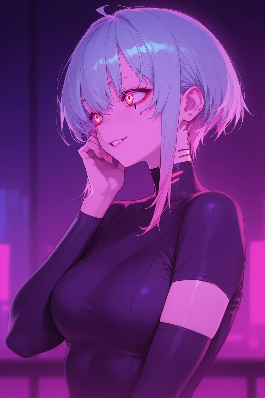 (masterpiece, 4k ,ultra detailed:1.2),(beautiful face:1.2),(anime:1.2),illustration,(realistic:1),
(solo:1.2),
(teasing,smirk,smug:1),
(looking at viewer:1.4),(straight-on:1.2),(upper body:1.4),(fisheye,backlighting:1.4),(depth of field:1.2),
(sitting on chair:1.2),(supermodel:1.4),(pov across table,pov dating:1.4),(leaning forward:1),(from below:1),
(simple background,concrete wall:1.2),
(indoor,living room,cyberpunk, pink neon,blue neon,green neon:1.2),
(yellow off-shoulder jacket:1.4),(black t-shirt:1.2),(black fingernail:1.2),(glowing red eyes:1.2),
(platinum white hair,colored inner hair),(medium length hair),
(milf,mature,35yo:1.2),(wide hips:1.2),(muscular:1),
<lora:hipoly3DModelLora_v10:0.2>,
<lora:Cnbeauty4_v1:0.4>,
<lora:neonPaletteLora_offset:1.5>,neon palette,
<lora:epiNoiseoffset_v2:1.5>