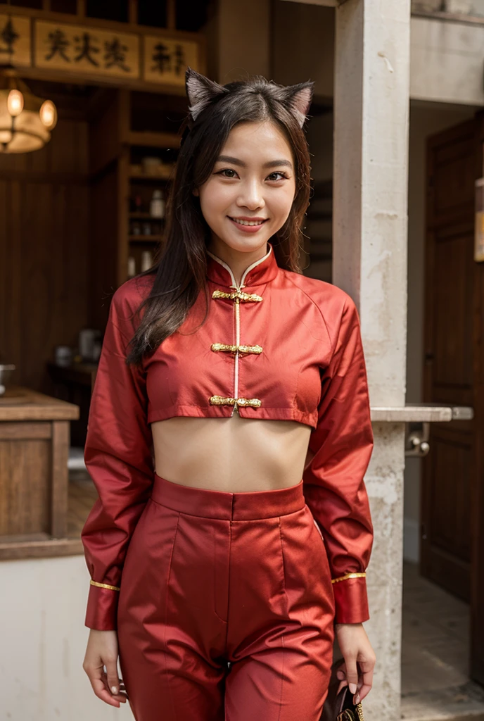 ((best quality)), ((masterpiece)), (detailed), 1girl, red old Chinese man clothes, long open in the chest to the navel, empress, belt at the waist, leg appearance, long black hair, seductive 