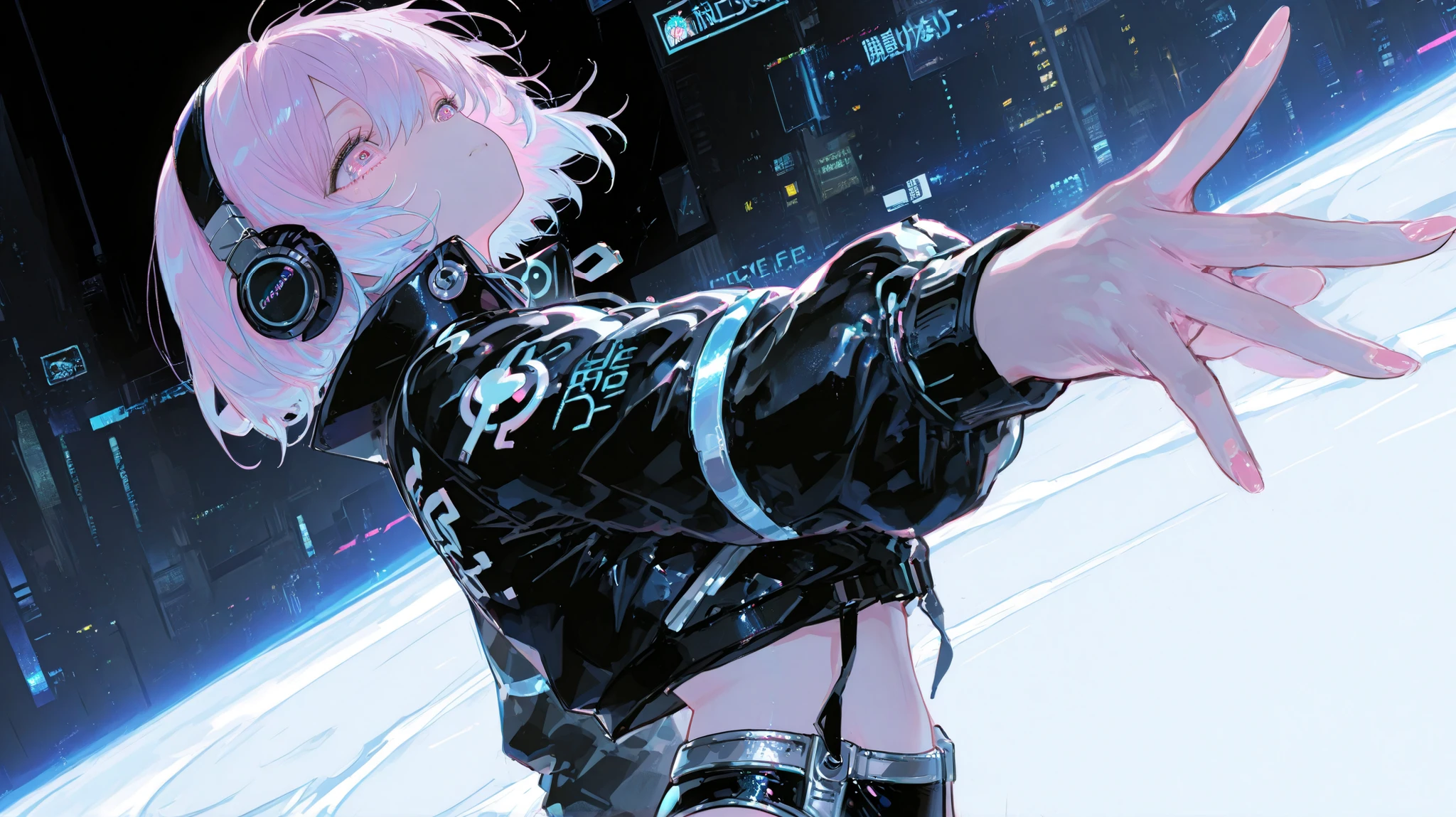 (ONE WOMAN :1.3)、one beautiful woman、dynamic、Light blue and pink hair、cyber jacket、Cyber Pants、headphones, Song、amazing、top quality,Cyber World Background,amazing、moving pose、fantastic、outstretched hand
