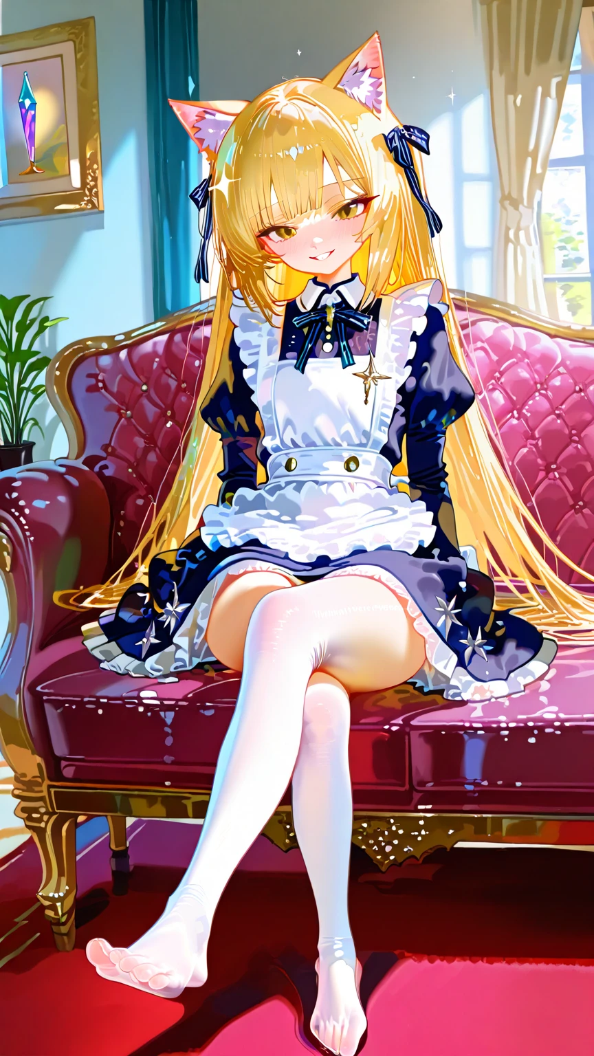 Beautiful long blonde　Embarrassing　Girl in black maid outfit　Long sleeve　　Skirt lifted　No underwear　Stand with your legs apart