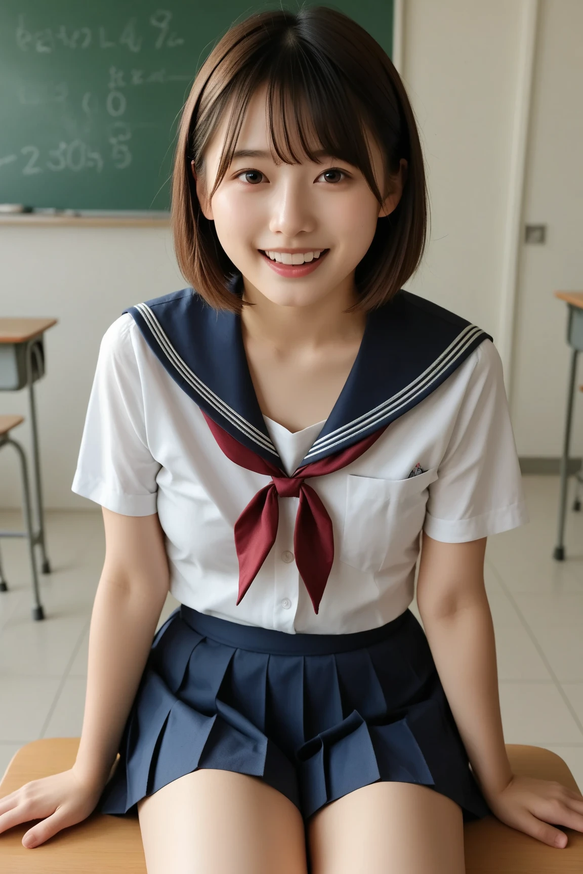 (Masterpiece, Best quality), (Very Short Hair), (High School Uniform), upper body shot, sitting, (Indoor Lighting), shy smile