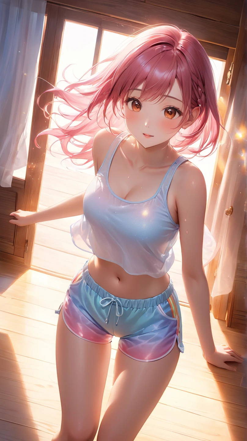 ((8k, Highest quality, masterpiece: 1.3)),Ultra-high resolution,(1 girl, alone), (Color changing eyes, Ultra-detailed, Expressive brilliance, Glitter, Glowing Eyes), Highly detailed eyes, Highly detailed face, Random Hair, ((pastel colour)), In the cozy setting of her bedroom, a woman with pastel orange hair styled into a high ponytail is seen wearing a light blue bikini. The room is softly lit by the warm glow of the evening sun. She stands with her back to the camera, one hand on her hip as she turns slightly to glance over her shoulder. The camera angle is from behind and slightly above, highlighting the gentle curve of her hips and her alluring posture.