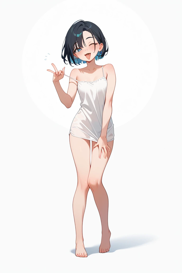 monochrome,masterpiece,illustration, best quality, best aathetic,full body,simple,white one-piece, girl,from front,barefoot,6 years old,standing,