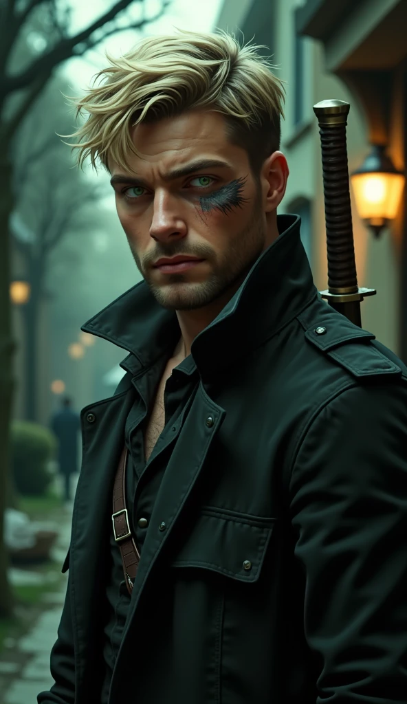 Chasseur de vampire, homme d'une trentaine d'années. He has short blond hair, He is unshaven, il a des yeux vert, he has a visible scar that goes through his right eye. A sword stored in its sheath is attached to his belt.