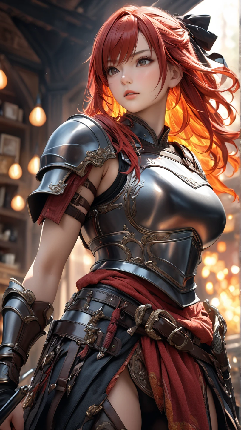 Redhead warrior, armor, medieval fantasy, D&d, RPG, ultra realistic, ultra detailed, best quality, 8k, wallpaper, steel breastplate, steel gauntlets, steel gloves, sitting, short skirt, red skirt, tiny panties, tight panties, white panties, panty view, upskirt, cameltoe, pantyshot, RAW,