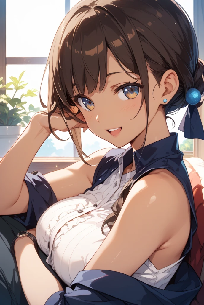 (high-definition images, atmospheric perspective, 8k, super detail, accurate, best quality, single shot), a women, worker clothes, tight skirt, crouching, (orgasm face, sweat), (eyes realistic sizing, drooping eyes, blush, smile), slut, braid, unbuttoned shirt, swollen areolas, (((showing off focused on pubic hair))), platform, lean back,