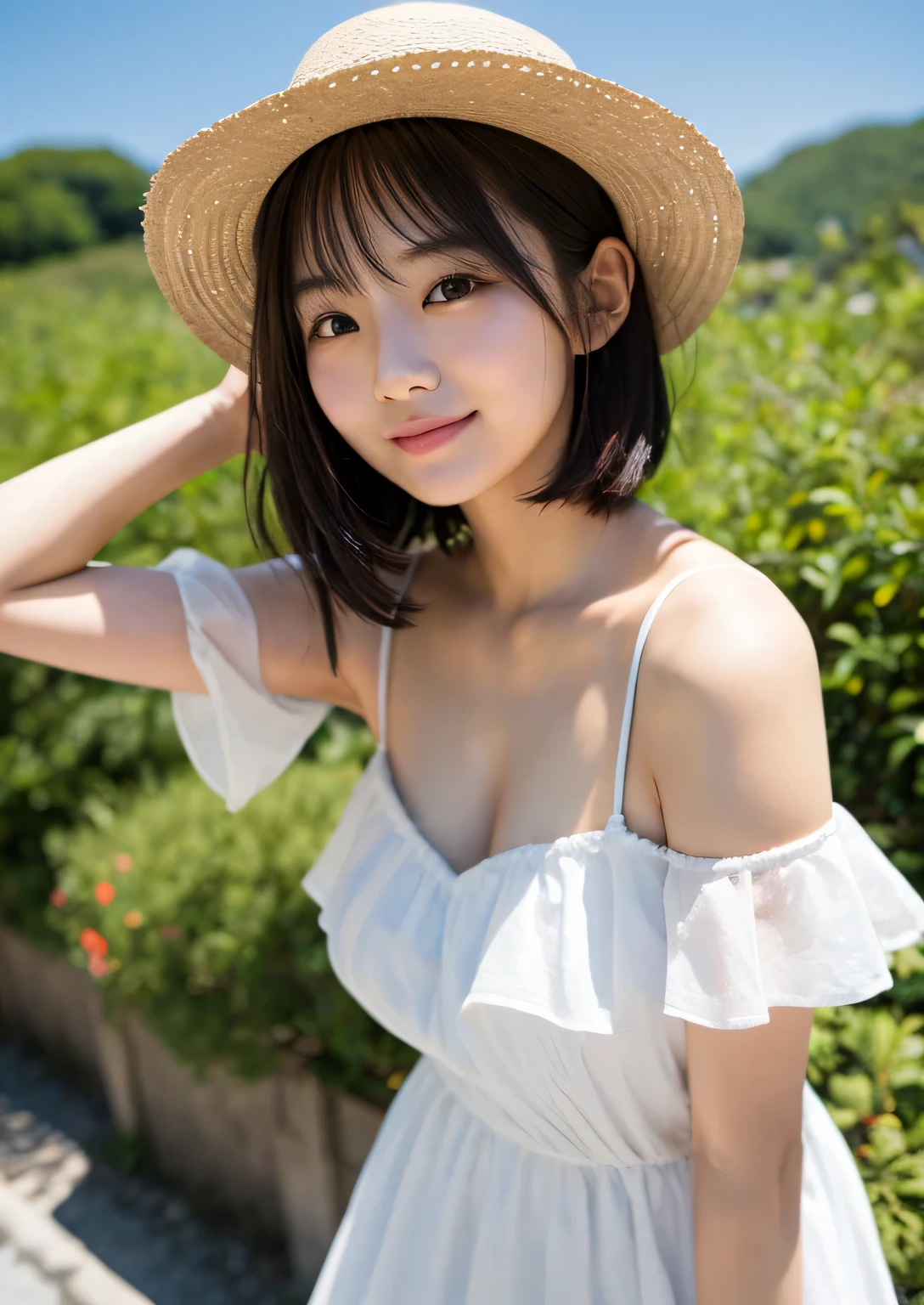 Highest quality、masterpiece、Ultra-high resolution、、Clear photos、very cute女の子、beautiful girl、very cute、Baby Face、Beautiful and delicate skin、smile、Wearing a white tank top、Wearing hot pants、Berry Short Cut、Wear a straw hat、thin、(Small breasts:1.6、Flat Chest:1.6)、Large erect nipples、(Leaning forward:1.8、Her cleavage is visible:1.6)、Tight waist、Full body photo