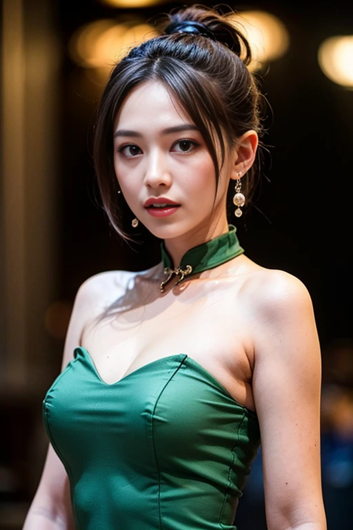 masterpiece, elegant. Ultra-fine details, masterpieces, realistic textures, realistic cinematic lighting, perfect work, 8k, HD, delicate facial features, (upper body), large breast, smile, (Japanese idol:1.2), Emerald green cocktail dress, Glamorous, Evening cityscape, Rooftop cocktail party setting,