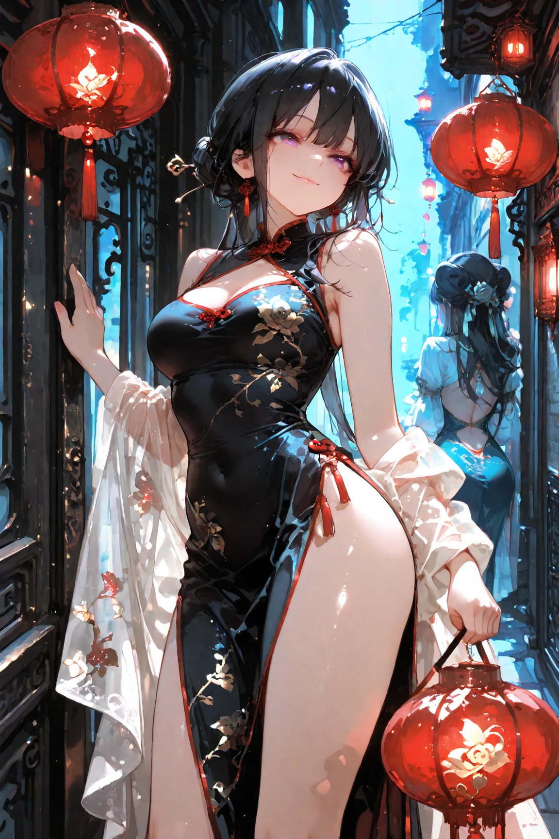 Masterpiece,1girll,Solo,  Black hair,underbust, Hat,Light_Smile,ofuda,china dress, Crossed arms,on cheongsam