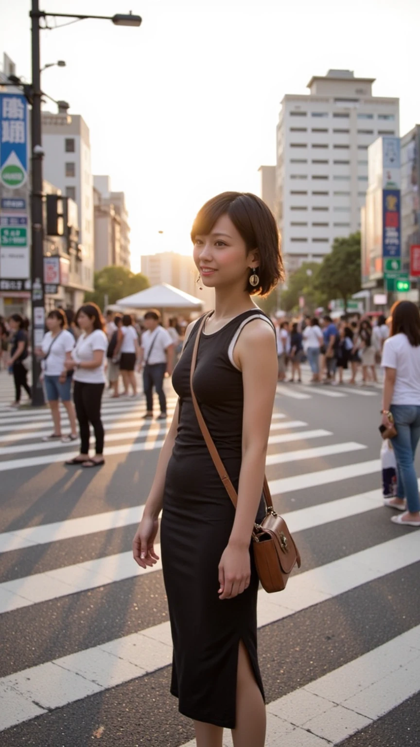 ((Best quality)), ((masterpiece)), ((realistic)), Girl with flawless beauty standing in a Japanese city with cars in background, scenic, masterpiece, (highres), original, extremely detailed 4K , (photorealistic:1.4),flawless face, perfect eyes, symmetrical body shape, smile