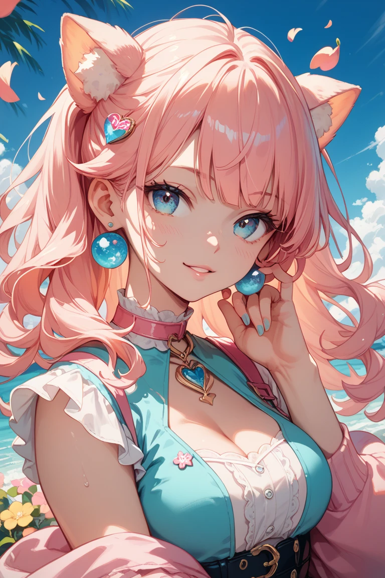 girl,((The world is small:1.3)),smile,Fairytale princess style,Alice in Wonderland,Cheshire Cat,Face close-up,(Pink and white pattern background:1.2),Red and white and pink and yellow,,(Browsing Caution),(Alluring cleavage),(Absolute area:1.3)