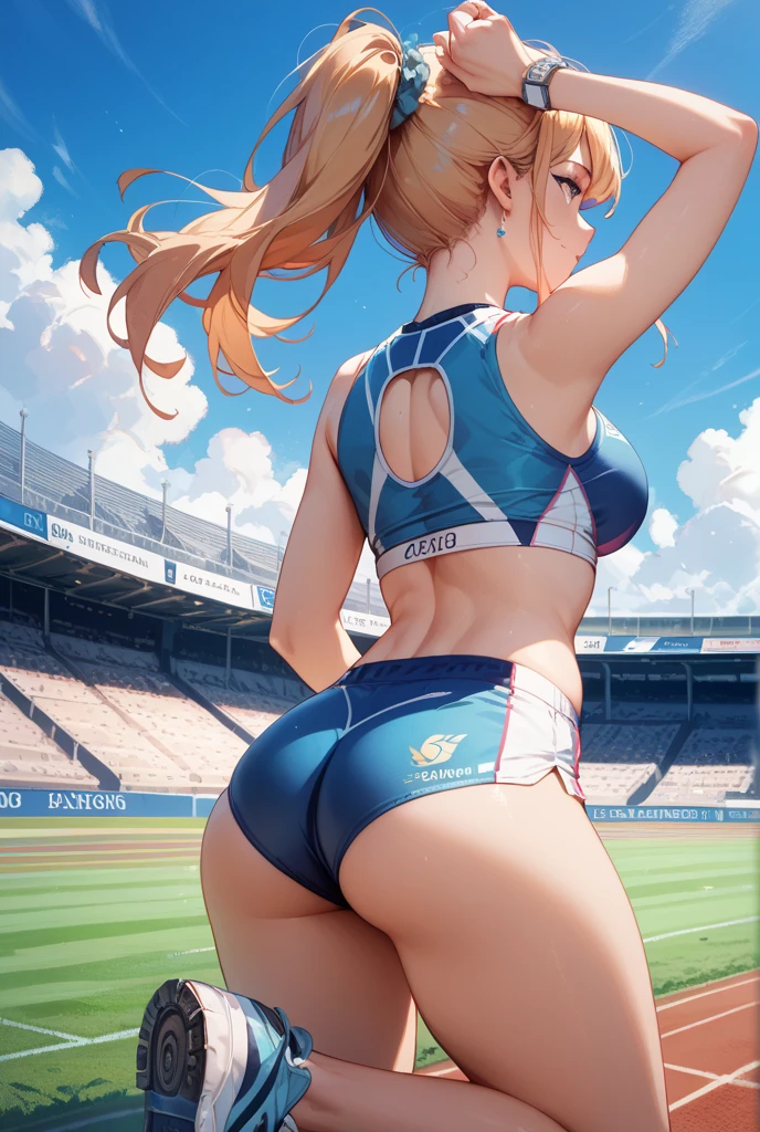 long and slim legs、((touch your own ankle)), standing、((top down)), bottom up, back view, leaning forward, looking back, Beautiful ass, Ass Focus、Highest quality、Best image quality、masterpiece、One Girl、26 years old、Best Bust、Big Breasts、Beautiful Eyes、blonde, Green Eyes、untie ponytail、Long Hair、Natural smile、blush、Shining Sweat、female gymnastics athlete, Sparkly long sleeve leotard、High Leg, At the Olympic Gymnastics Hall、Arena with a large audience、Shallow depth of field、