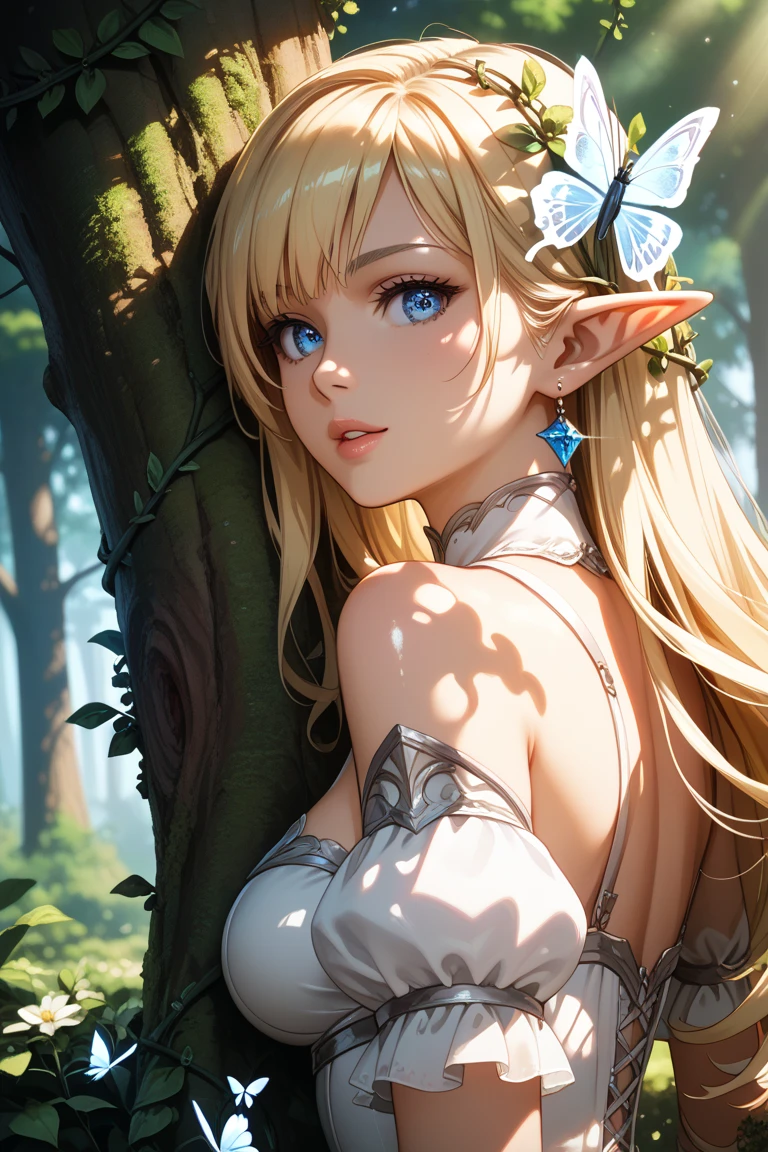 masterpiece, 1 Fairy, Flying fairy girl, Perfect Face, Light, Glass Tree Forest, Dramatic lighting, Blindfold, Super detailed, floating glow Light, Depth of written boundary, (Shining Dust)