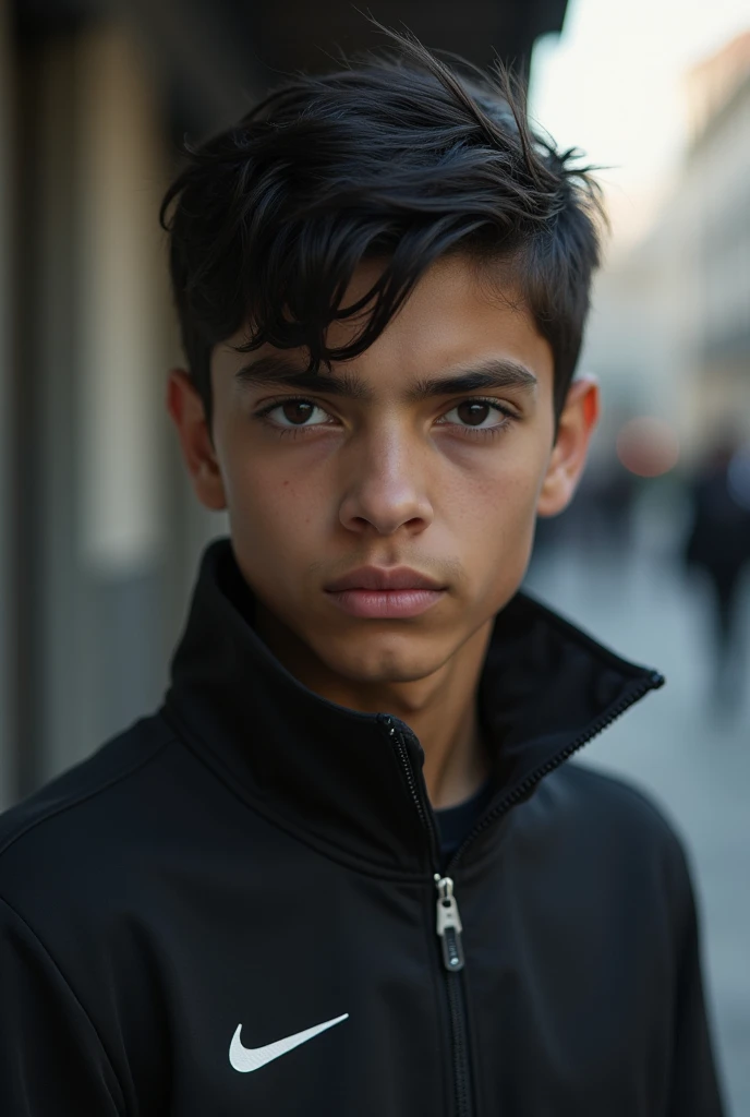 the boy with short black hair in the city