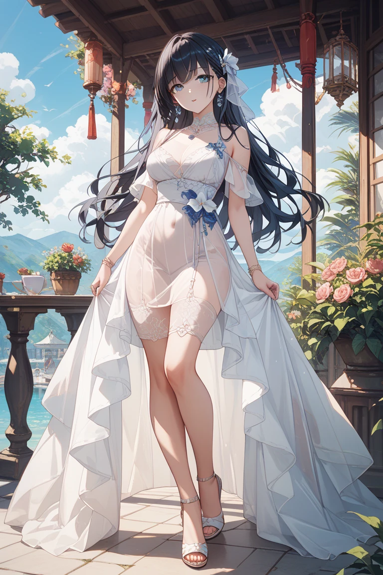 long hair, black hair, medium breast, slim legs, happy, white gown, cleavage, royal, skirt, rin tohsaka, twin tail, navel, garden, night