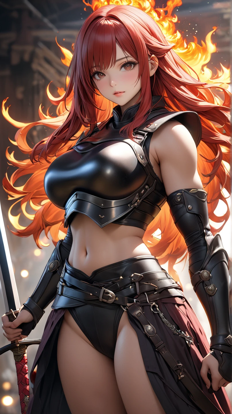A muscular female warrior battle chasers nightwar red monika with red hair in a high ponytail, wearing a red and gold armored outfit. Her costume includes a form-fitting top and large shoulder guards, with a dark cloak around her neck. The background is dark with orange flames, adding a dramatic effect. JoeMAD2023,1girl, Red_Monica_v2, large breasts, action pose, 8k, uhd, best quality, cartoon, armor, trending on artstation, vibrant colors, epic fantasy, comic style,red hair, ancient city, toned body, abs,