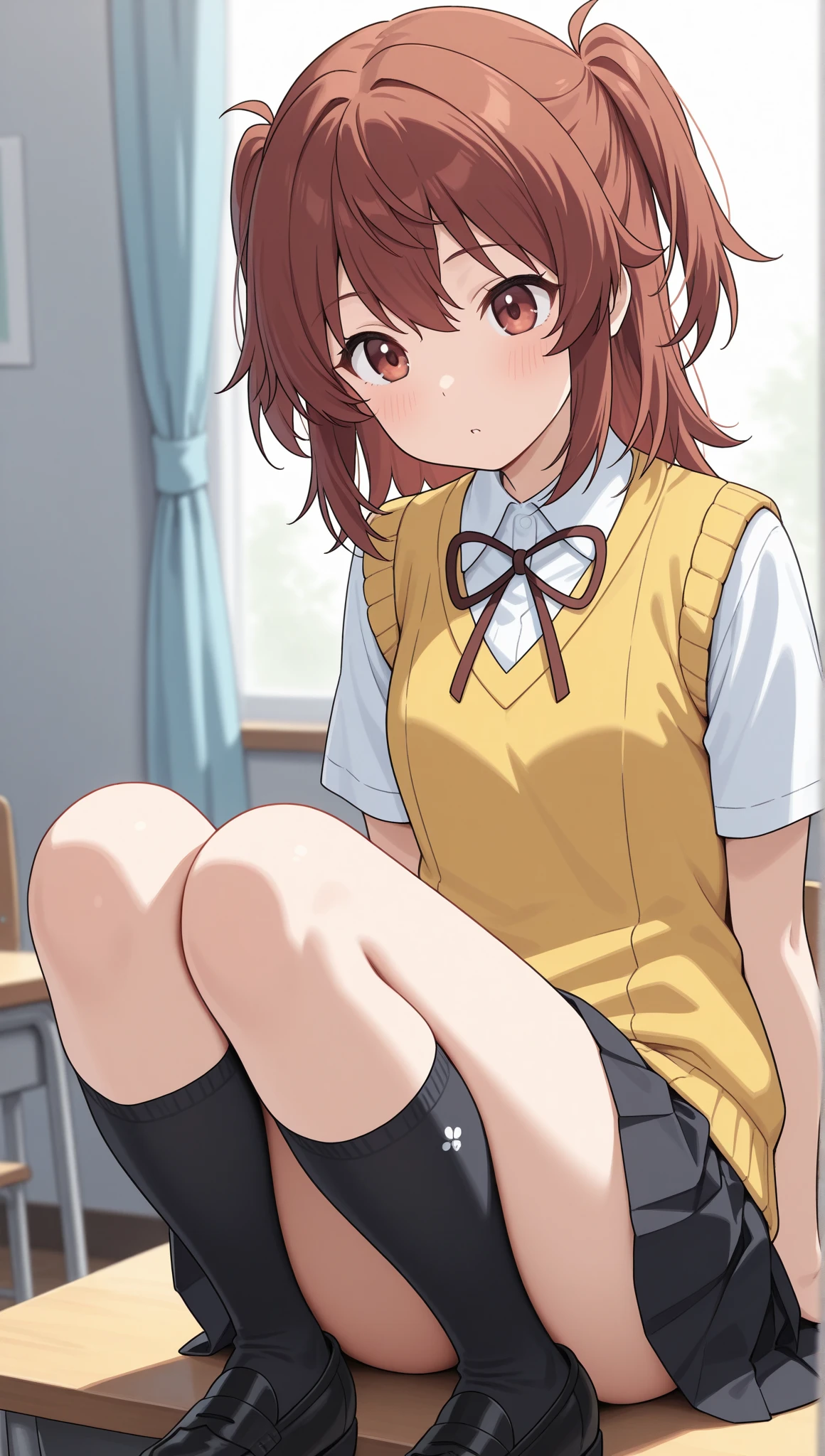 ((masutepiece, Best Quality, hight resolution, nffsw, Perfect Pixel, depth of fields, 4K, )), 1girl in, Solo, , Beautiful anime girl, Beautiful Art Style,
squatting:1.3, bathroom background, Looking at viewer,
Perfect body, smile face, show teeth,
isshiki iroha, medium breasts, Full face blush, black stockings, school uniform:1.3,
straight-on:1.3, medium shot