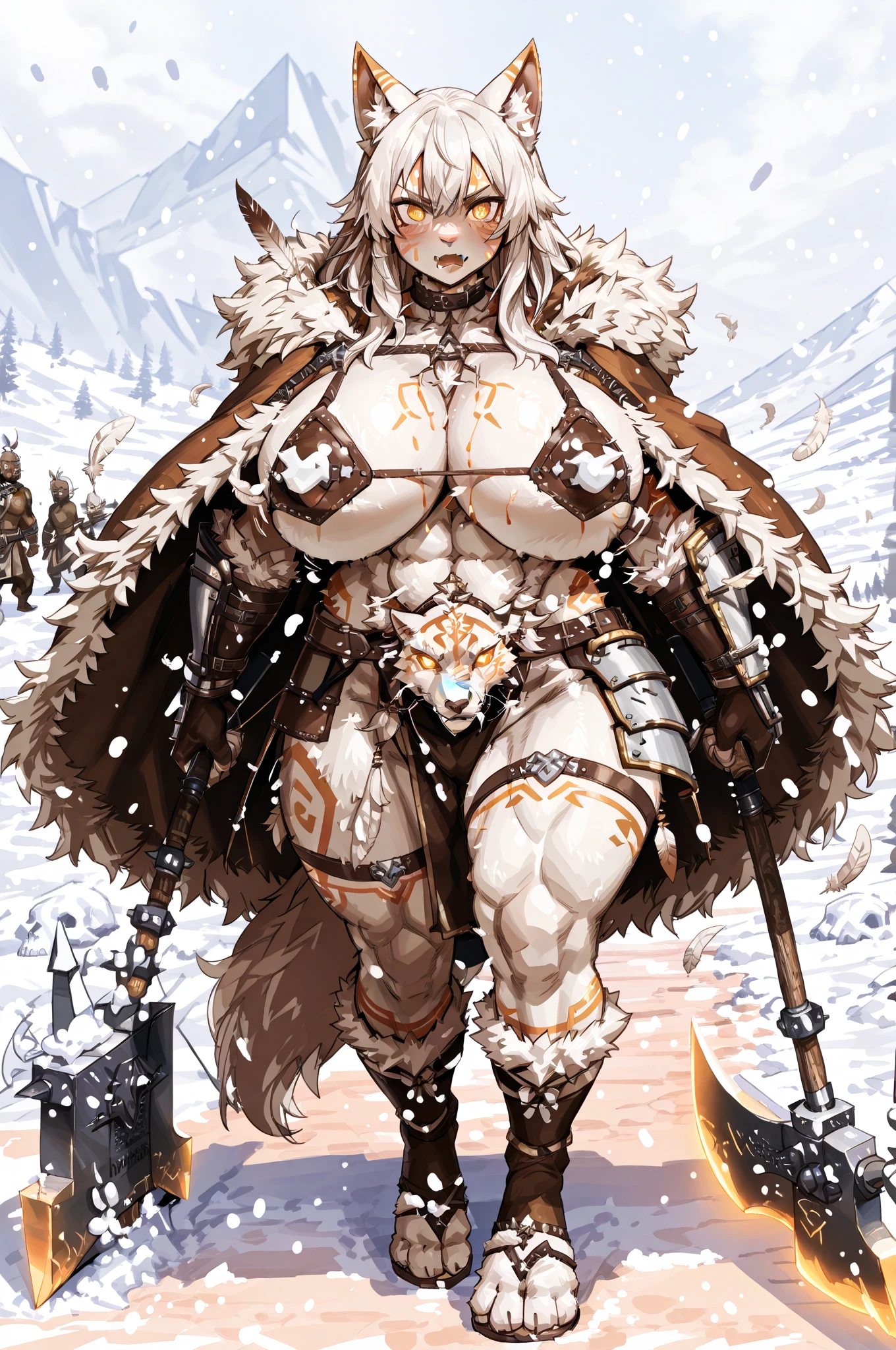 A powerful beastwoman warrior — a muscular, statuesque female humanoid with animalistic features, standing tall on a snowy battlefield at dusk. Her thick, fluffy fur cloak billows in the cold wind, partially covering a strong and sculpted body. Her face combines fierce beauty with wolf-like or feline traits: sharp eyes glowing gold, small fangs visible, and ears perked in alertness. She wears tribal armor made of leather and bronze, adorned with feathers, bones, and ancient markings of her clan. Clawed hands hold a massive battle axe, stained with traces of blood. Behind her, the faded banner of her tribe flutters — a symbol of history and unbroken pride. Snow swirls around her feet, where blood and footprints tell of recent battle. Despite her warm fur, her expression radiates primal power, loyalty, and unshakable resolve — the soul of a wild warrior who fights for glory, not comfort.