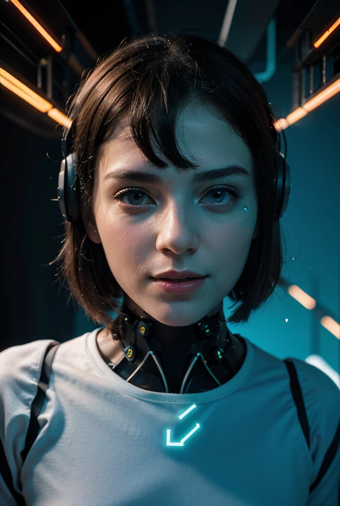 (best quality:1.33), (masterpiece:1.42), (realistic:1.24), (detailed:1.15), 1girl, adult female, short black hair, biochemical body, in a room full of computers, tech lab, dark, neon lights, dynamic pose