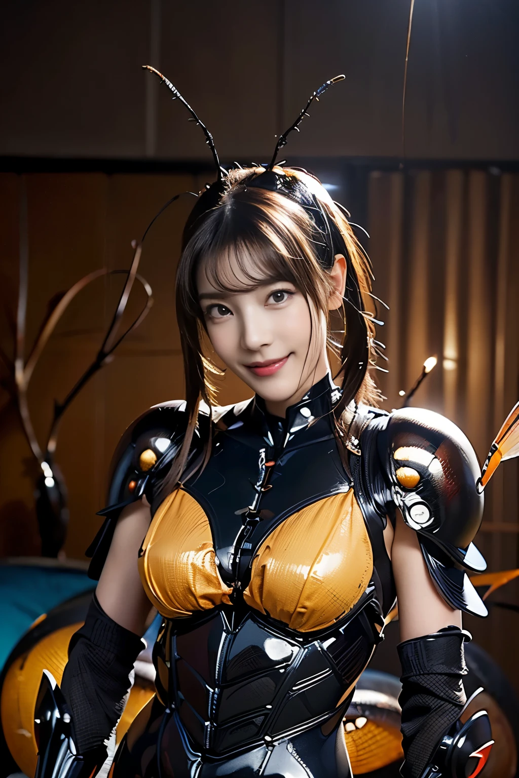 (high resolution,masterpiece,best quality,extremely detailed CG, anime, official art:1.4), realistic, photo, amazing fine details, all intricate, gloss and shiny,awesome many layers, 8k wall paper, 3d, sketch, kawaii, illustration,( solo:1.4), perfect female proportion,villainess, (fusion of queen bee and lady:1.4), (queen bee form lady:1.2), (queen bee lady:1.2), (fusion:1.2), (solo:1.4), (evil smile:1.2), muscular, abs, (queen bee exoskeleton bio insect suit:1.4), (queen bee exoskeleton bio insect armor:1.2), (brown transparency queen bee wing:1.4), (brown queen bee antennae:1.3), big breasts