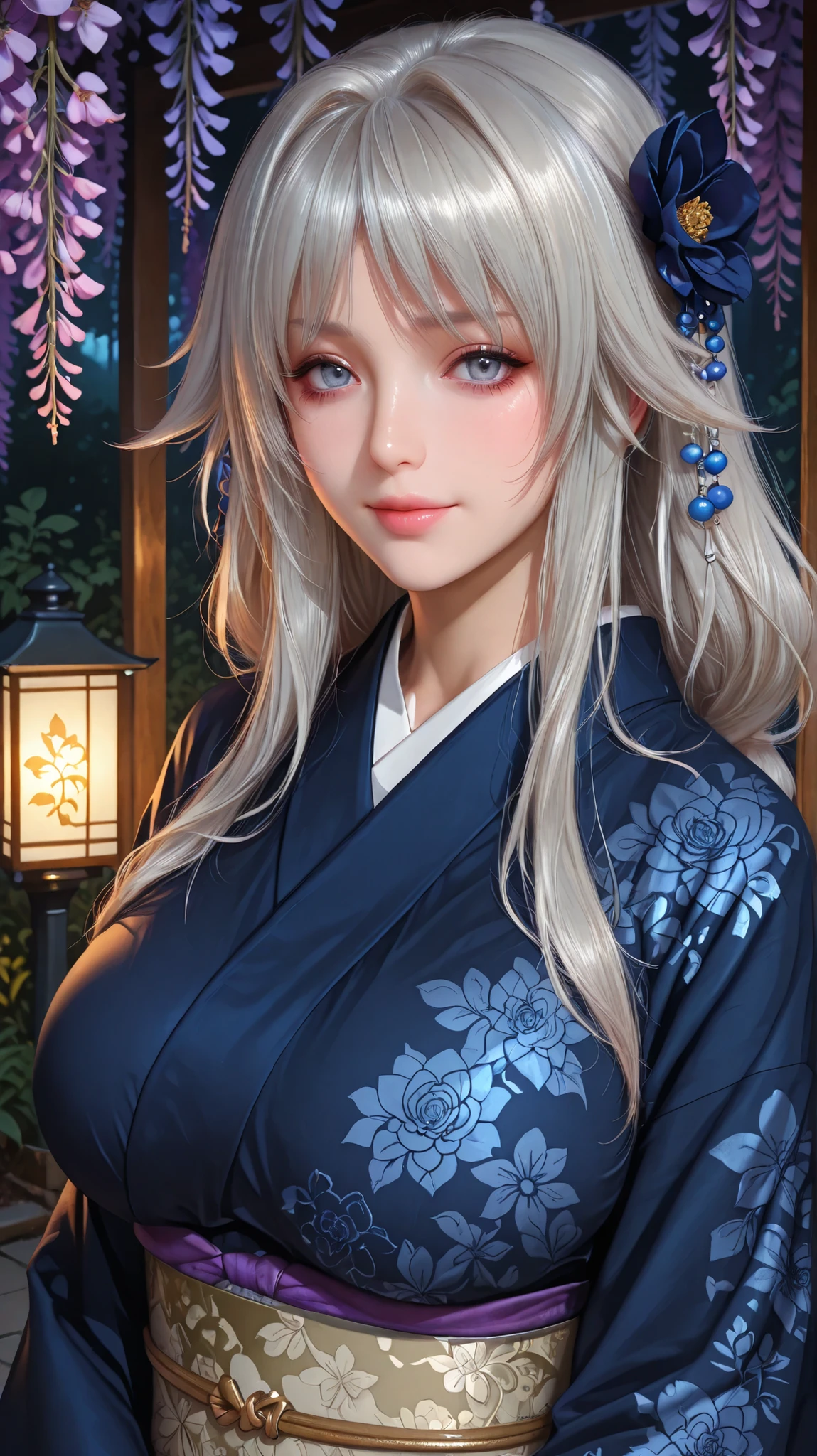 Grayfia Lucifuge from Hig school dxd wearing a traditional black floral kimono, silver eyes, standing confidently in a romantic setting — one at night in a softly lit street with warm glowing lanterns, and another during the day in a serene Japanese garden with a pond and wisteria flowers. Her outfit is detailed with a colorful obi belt and delicate floral patterns. She has a soft smile, styled hair adorned with decorative accessories, and a graceful posture. Ultra-realistic, high detail, soft lighting, portrait orientation, big_breast, large_chest, , full_body,