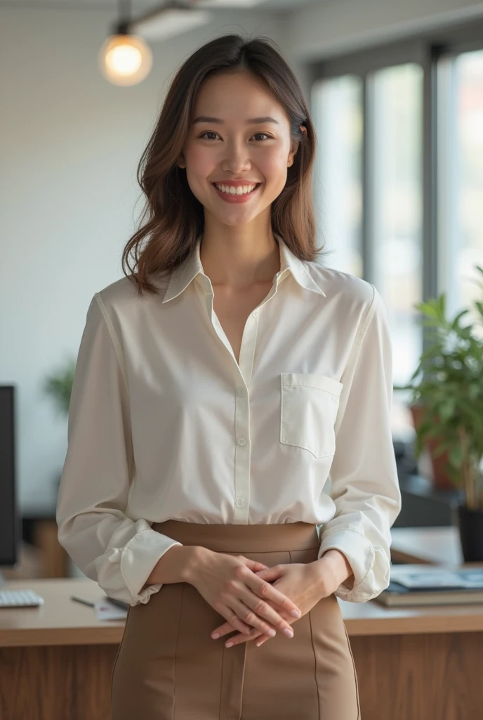 (Japanese),((beautiful girl)), white business shirt, pleasant expression:1.2,((perfect physical beauty:1.2)),((perfect physical beauty)), office, coffee, dignified look, pumps, black stockings, documents,