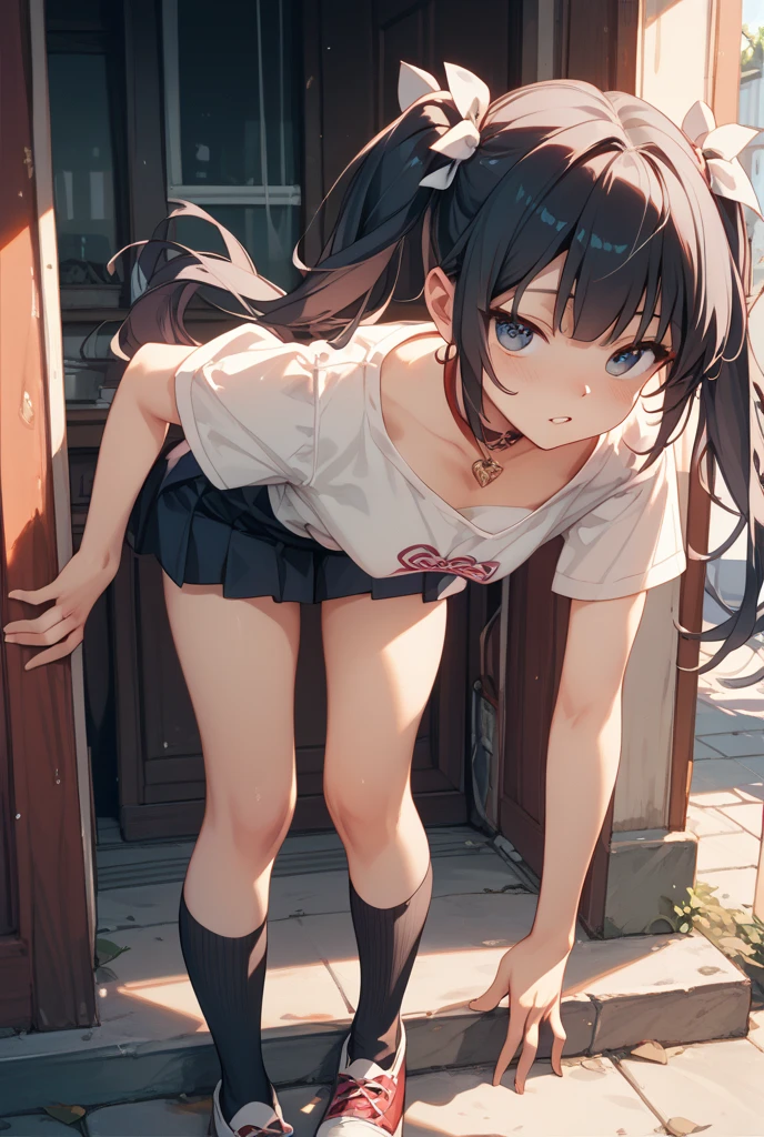 very cute and beautiful girl standing near the window,(White plaid summer dress with detailed ruffles),((((school uniform))))No sleeve,Fine lace,(skirt lift,white panties),lift up the skirt、Turning up the skirt、Panties are slightly visible、 (very detailed美しい顔),grassland,wooden floating cottage, cowboy shot,(smile),blush,looking at the viewer、look back,back、medium hair,black hair,up hair, (highest quality,masterpiece:1.2),disorganized,High resolution,Super detailed,very detailed,32k,8K resolution, intricate details,movie scene,detailed background,alone,dynamic angle, Natural light,particles of light,beautiful detailed sky,perfect hands,