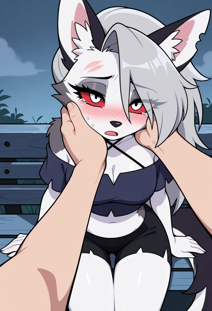 A man with a white tiger, a sky-blue striped tiger pattern, a long tiger tail, a yellow left eye, a sky-blue right eye, blue eyebrows, sky-blue hair, long hair, eyes closed,white socks,locker room background, caressing,anger,serious expression,naked,blow job,penis,Tears,pain,Sweat,pre-cum