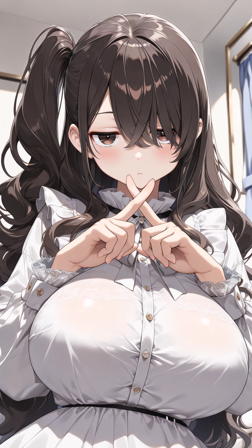 nsfw, 1Girl, lying in bed, lying on back, dark hair, long hair, black long-sleeved sailor uniform, black pleated skirt, (messy clothes: 1.0), (Background: on bedroom bed), Big tits: 1.4, Shy Face, upset,embarrassed,Blushing, Face in agony, Beautiful girl, Sweaty wet skin: 1.3,From above,Sunset, High quality, High resolution, Detail, masterpiece