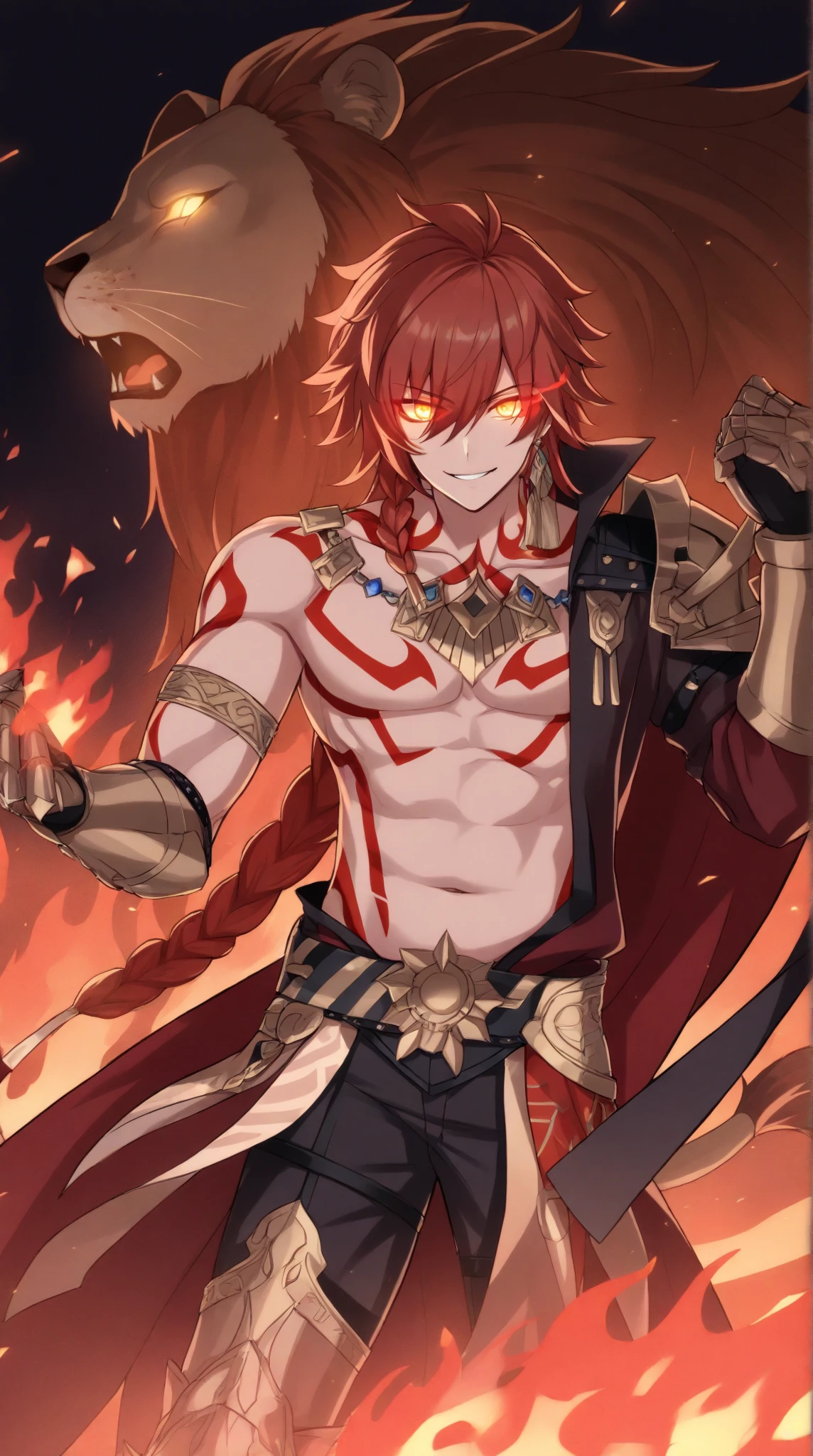 30 year old man, short hair with red beard, short messy hair, red eyes, djinn clothing, open black sleeveless vest, black vest with gold Arabic print, light black Arabic pants, gold belt, djinn bracelet with gems, boots black, brown boots, phosphorescent red tattoos, surrounded by fire and purple smoke with magic circles with chains tied to the hands and feet surrounded by white chains on a background of Arab ruins. with magic circles and a crown of fire on his head, stocky, slim build