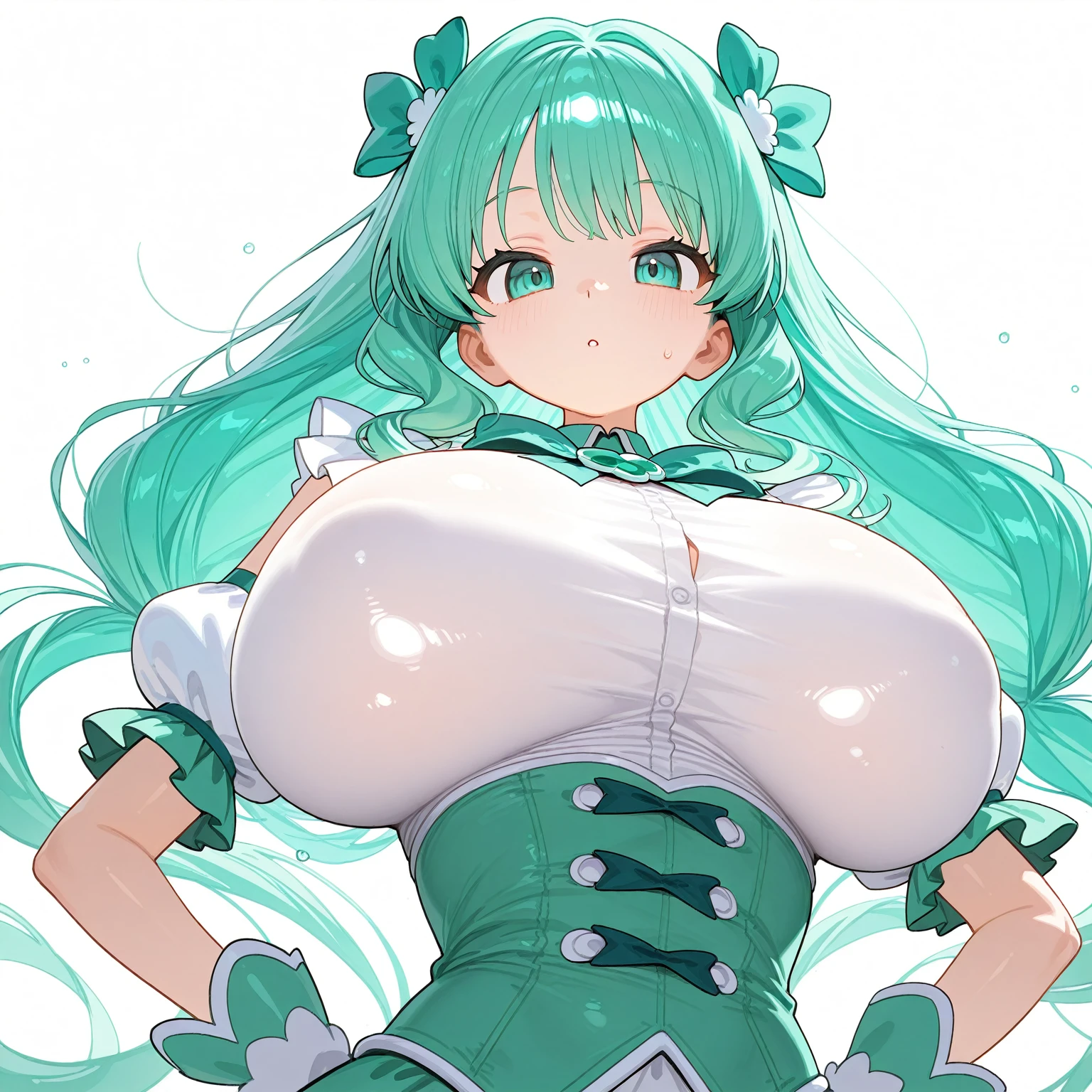 (8K, Best quality, tmasterpiece:1.2),\(eye detailed\),(\(Clothes detail details\)\),full bodyesbian,(huge tit),(Facial focus) ,Very detailed CG unity 8K wallpaper,hugefilesize,ultra - detailed,A high resolution,absurderes,beautidful eyes,Ray traching,dramatic shadow,finely detailled,Dramatic angles,Hyper-detailing,(1 girl:1.3),(Solo),,Mature female,Long hair black,Green eyes,Wearing(cosplaying_magical girl,very cute green dress with ruffles,Large Ribbon Bow Tie Back),