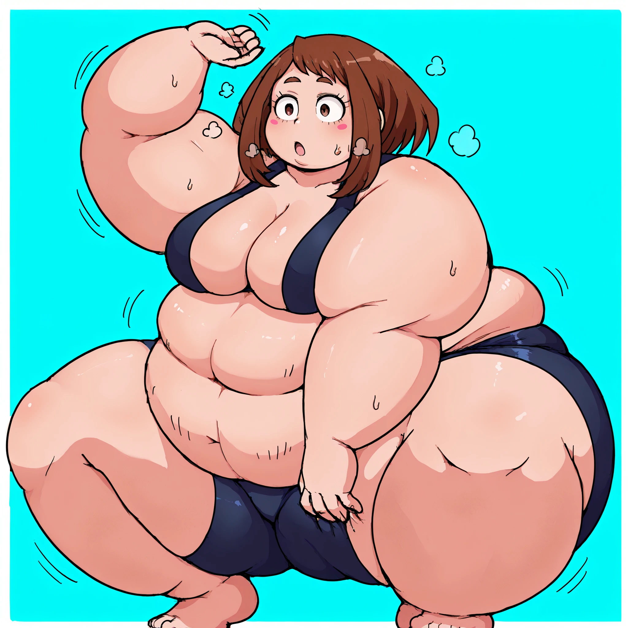ussbbw, puffy and swealing body, beautiful and hot morbidly obese power. fat rolls layering onto each other and hanging down over her clothes. belly protruding far out. stomach having 70 inches in diameter, angry, longeyelashes, weight exactly 793 pounds, anime style, high quality, anatomically correct