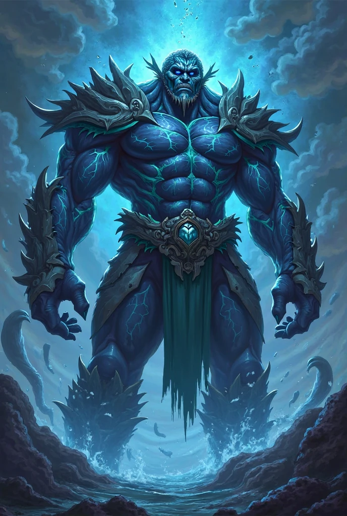 a muscular mythological being extremely strong, blue scaly translucent skin, red eyes, long white hair,wearing water armor, powerful, able to control nature, around which trees emerging impacting the ground with magic, unreal engine 5, keyshot, octane, artstation trending, ultra high detail, ultra realistic, cinematic,16k