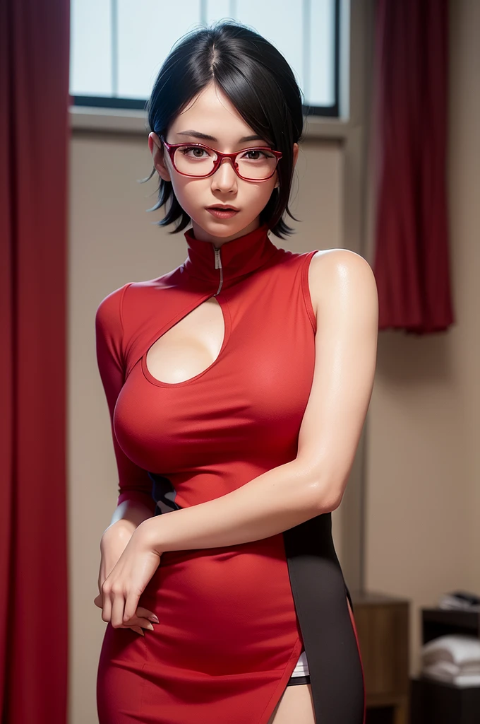 Perverted face girl, Velma from Scooby Doo anime, western facial features, short black hair, short orange blouse (crepe) color, very sensual, very sensual red high school mini skirt, posing for photo, large breasts, submissive look, perverted smile, glasses, short black glove, graveyard, fog, dark, 3 am, cloudy night, climate of terror, dawn, crosses, suspense, (masterpiece, blurred background, natural lighting, depth of field, ultra detailed and realistic photography, 100mm lens), portrait style