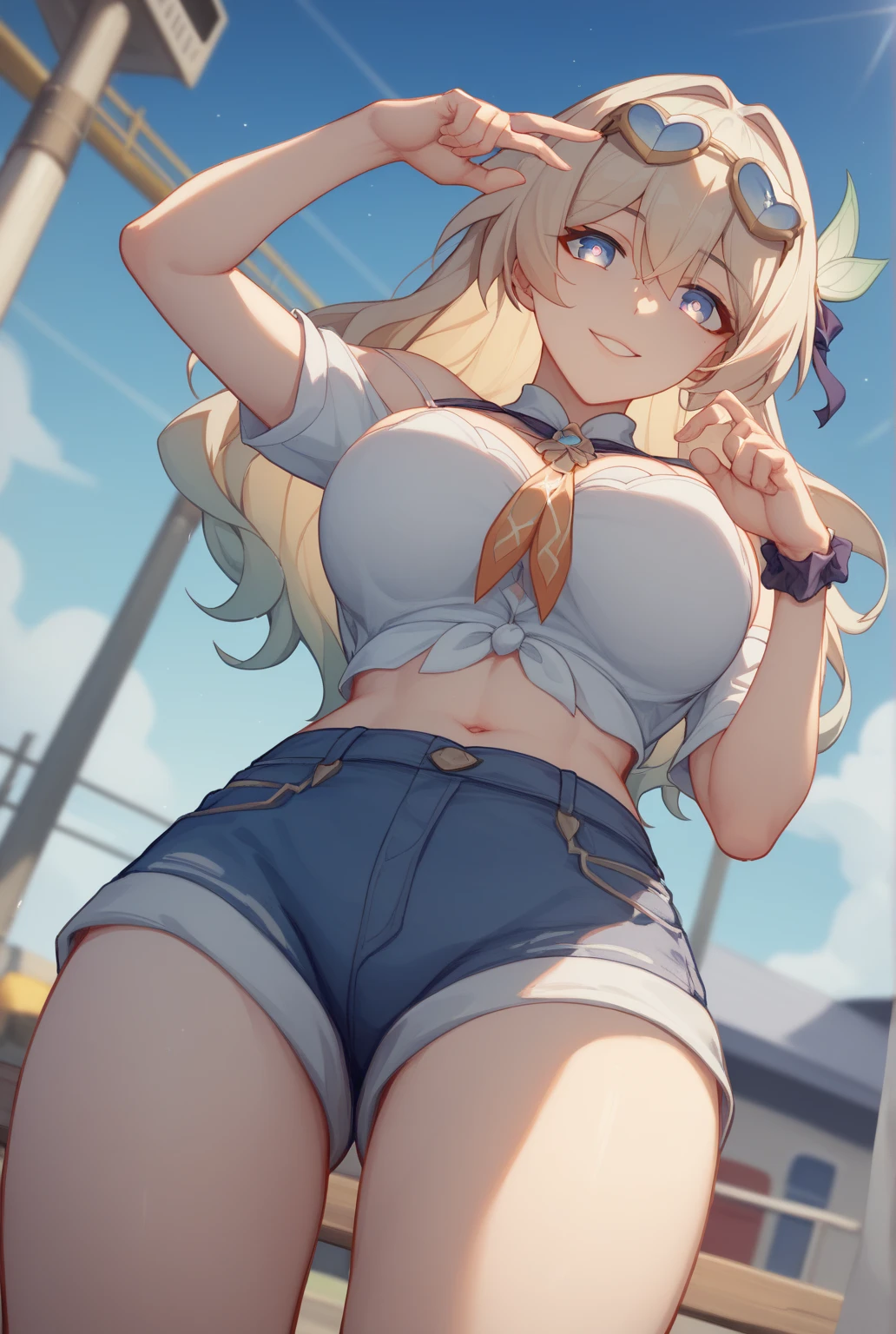 (Very delicate and beautiful:1.2)super model,Beautiful breasts,voluptuous,【bike shorts】,,,highest quality, High resolution, 8K,, Large Breasts,, Vivid details, ,Sweet smile,