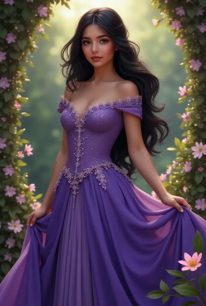 Full body, EVA Rapunzel girl with graceful figure with black hair in the Garden of Eden, girl's body sexy, legs long and graceful, graceful ankles, in the background tree of life on which serpent tempts and red apple of life knowledge, serpent tempts girl, photorealism, super detailed, site 500px, contrast lighting, outline around girl, fill light is soft, 32k