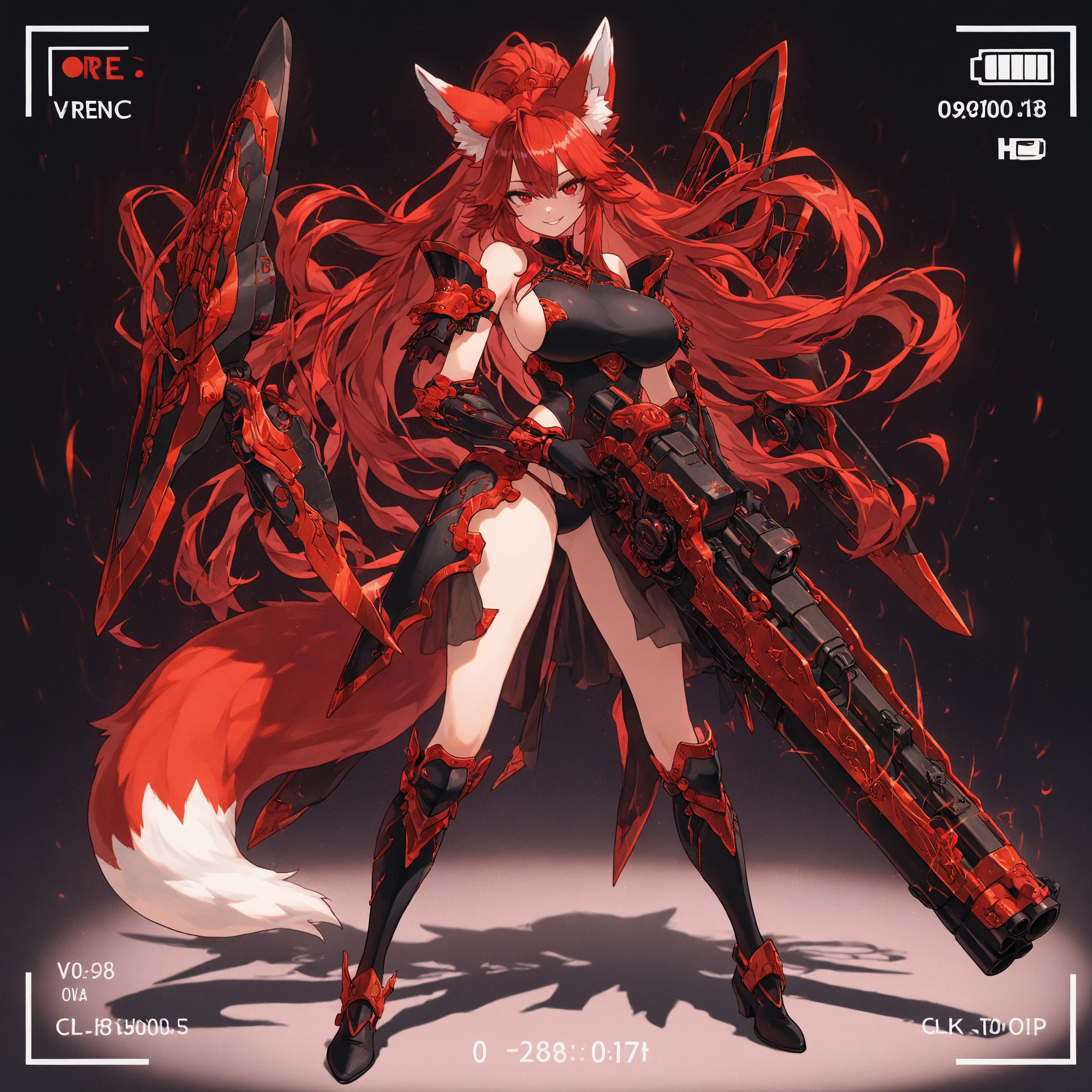 Red-haired girl, green eyes, pigtails, a wreath of horns on her head, a techno barbarian, a huge techno cannon in her hands, a huntress, bones on her body, insect plates, chitin, fur, small bones, light bones and red fur on her shoulders, dark leather stockings made of strips of cut leather on her legs, ropes and light bones on her body, thin panties, a small bra made of bones, bright red hair, Decorations made of horns, fur - a cannon. instead of panties, a rope, instead of a bra, bones and chitin, fur shoulder pads and with chitin, a tail of hair on the back of the head looks up, a short haircut, a high-tech cyberpunk gun, the girl has green eyes, a playful look, a good-natured smile, a neat nose, tight panties, tight thongs, mini underwear, leaky underwear, torn fabrics, a lot of torn fabrics, a lot of holes in fabrics, a gun with a monster's head, The barrel of the cannon in the form of a monster bursts out of its mouth flames. The girl has short hair, the tail is short at the back and looks up, fur shoulder pads, a jacket on the shoulders, a torn bra, the pubis is open, diagonal straps all over the body, powerful energy breaks out of the open barrel of the cannon, on the stomach there is a bird's skull, on the edges of the stockings there are vertebrae