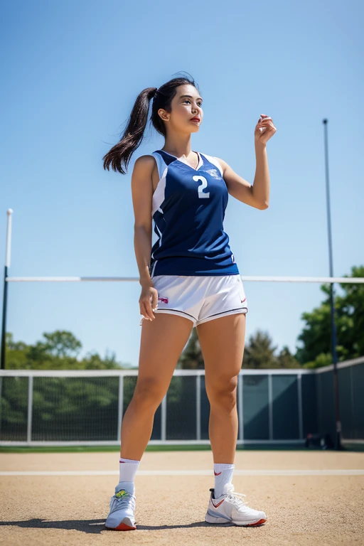 woman。(Athletics)。smile、Dark brown ponytail、(世界Athletics)。(Dark blue track uniform:1.2)、Sleeveless、Outdoor athletic fields。(独立Athleticsユニフォーム)。competition、Perfect hands、Show your belly、Facing the audience、training、Spread your legs