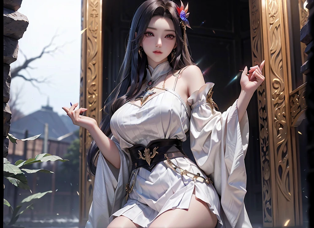 Ahri_Cosplay, White Tails, Black long hair, yellow eyes, ((knee shot)), 8k, masterpiece, original photo, best quality, detail:1.2), ((Shot at random angles)), lifelike, Extremely detailed CG unified 8k wallpapers, depth of field, movie light, lens flare, Ray tracing, (extremely beautiful face, beautiful lips, beautiful eyes), intricate detail face, ((ultra detailed skin)) 1 girl, in the darkness, deep shadow, beautiful korean girl, kpop idol,(Very slim figure:1.3), plump breasts, (bright smile), (City night, (neon lights), (night), beautiful korean girl, white diamond earrings, diameter bracelet, Dia Necklace, clear eyes, Walk, (big eyes), right hand, anatomically correct