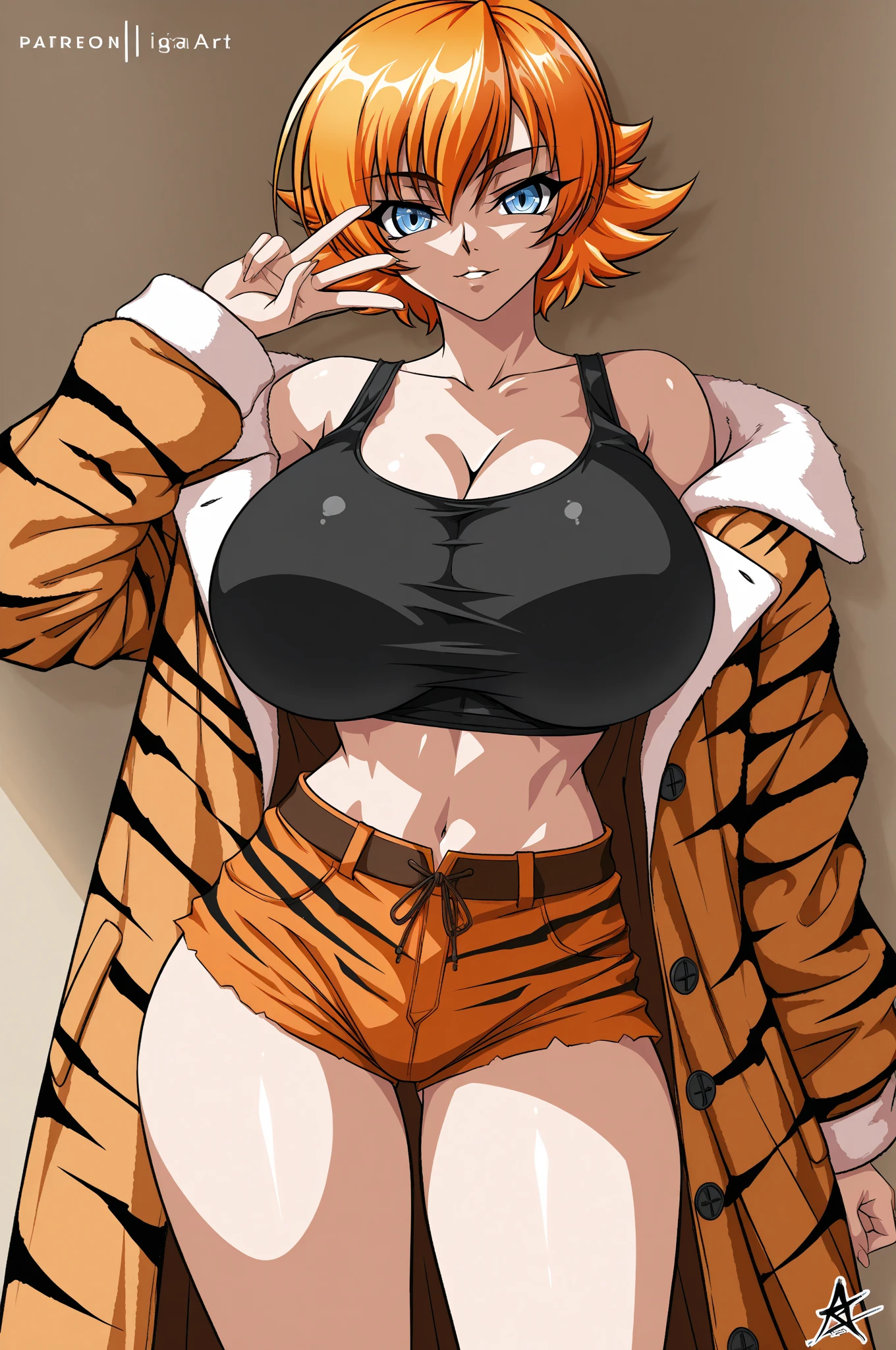 1 solo female blindfolded, animal tiger ears, animal tiger hands, animal tiger print, bell, bikini, breasts, choker, claws, cleavage, collar, full body, gloves, large breasts, lips, long hair, looking at viewer, navel, neck bell, on bed, tiger paw gloves, tail, thighhighs, tiger ears, tiger print, tiger tail, white hair