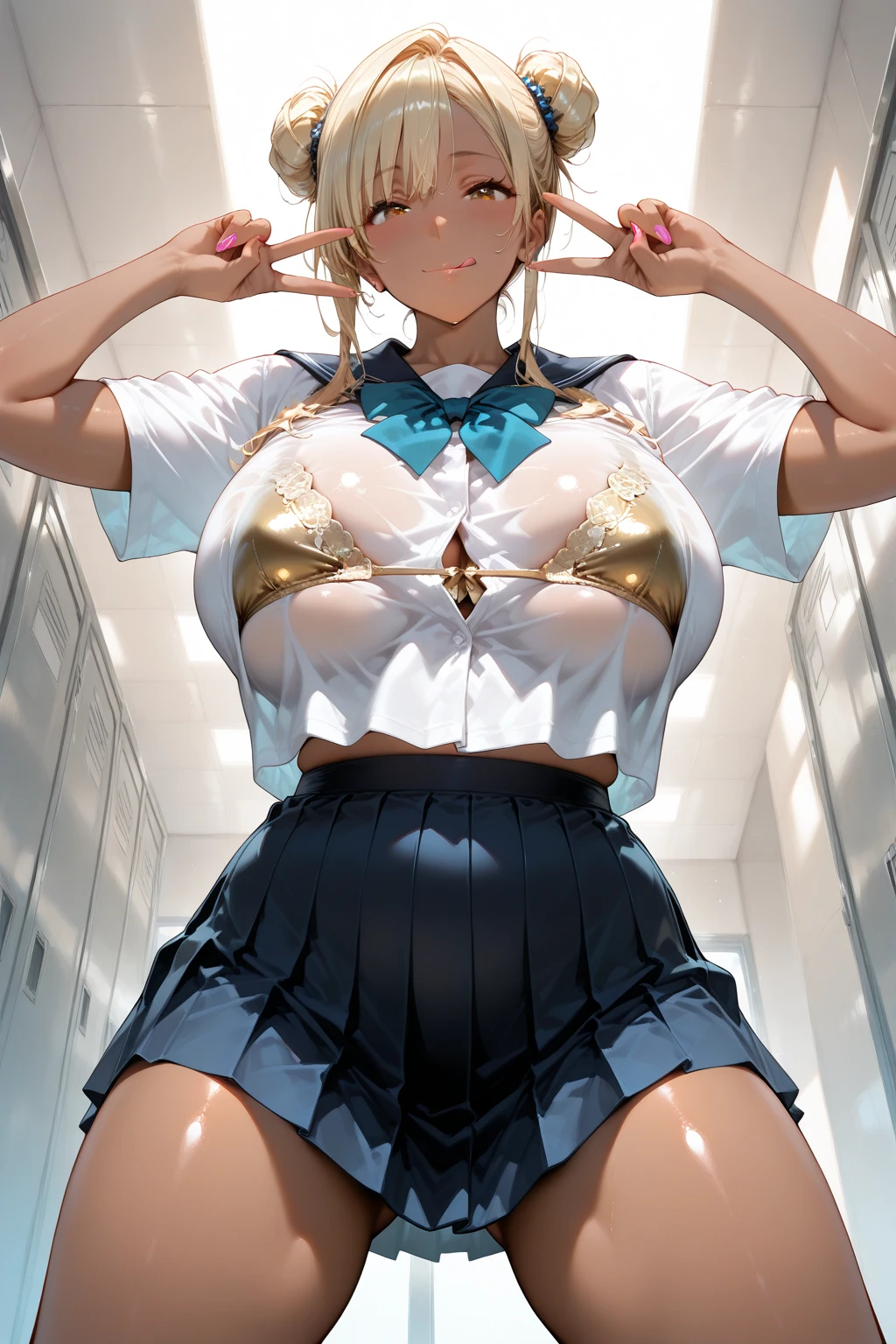 Masterpiece、最high quality、high quality、High definition、High resolution、High detail、Lens flare、Ray tracing method、high qualityの質感、high qualityの影、Beautiful details、Detailed and delicate、Detailed texture、Realistic facial expression、Realistic and colorful、Delicate、Cinematic Light、Side light、Sharp Focus、(1 woman:1.3)、(Intricate details、Makeup、Pure Eros Face_v1:0.5)、(Details Beautiful delicate face、Detailed beautiful delicate eyes、Perfect Facial Proportions、Detailed skin、Charm)、fancy hairstyles、Beautiful bangs、(Two-tone gradient hair color)、slender、(Upturned beautiful breasts)、Raise your arm and make a peace sign、Detailed crotch、Female juice、(Experiencing the best orgasm)、Light-colored mini bra、string bra、Light-colored V-cut、Light-colored thong、Thigh mini skirt、Low-rise mini skirt、Front-button shirt、Crop top、Low-angle composition